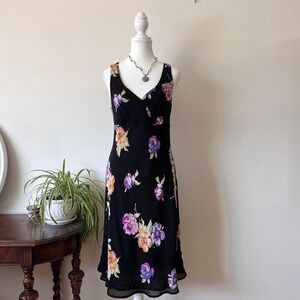 Vintage Floral Midi Black Dress Womens Sz L fairycore romantic feminine